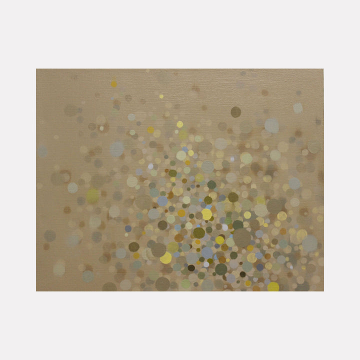 Artwork 'Mist' by Lisa Ingram features scattered circles in soft beige, yellow and blue tones, creating an ethereal bokeh effect on oil canvas