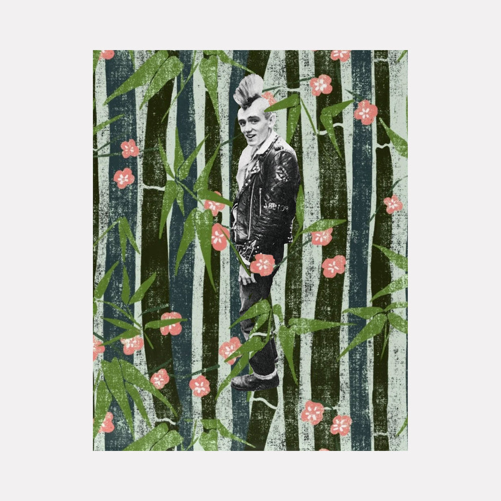 The artwork "Mohawk Guy" by Theresa Gooby features a black-and-white image of a man with a distinctive mohawk hairstyle and a leather jacket, set against a textured background of vertical green bamboo stalks and scattered pink flowers. The illustration combines punk style with natural elements in a mixed media composition. Theresa Gooby