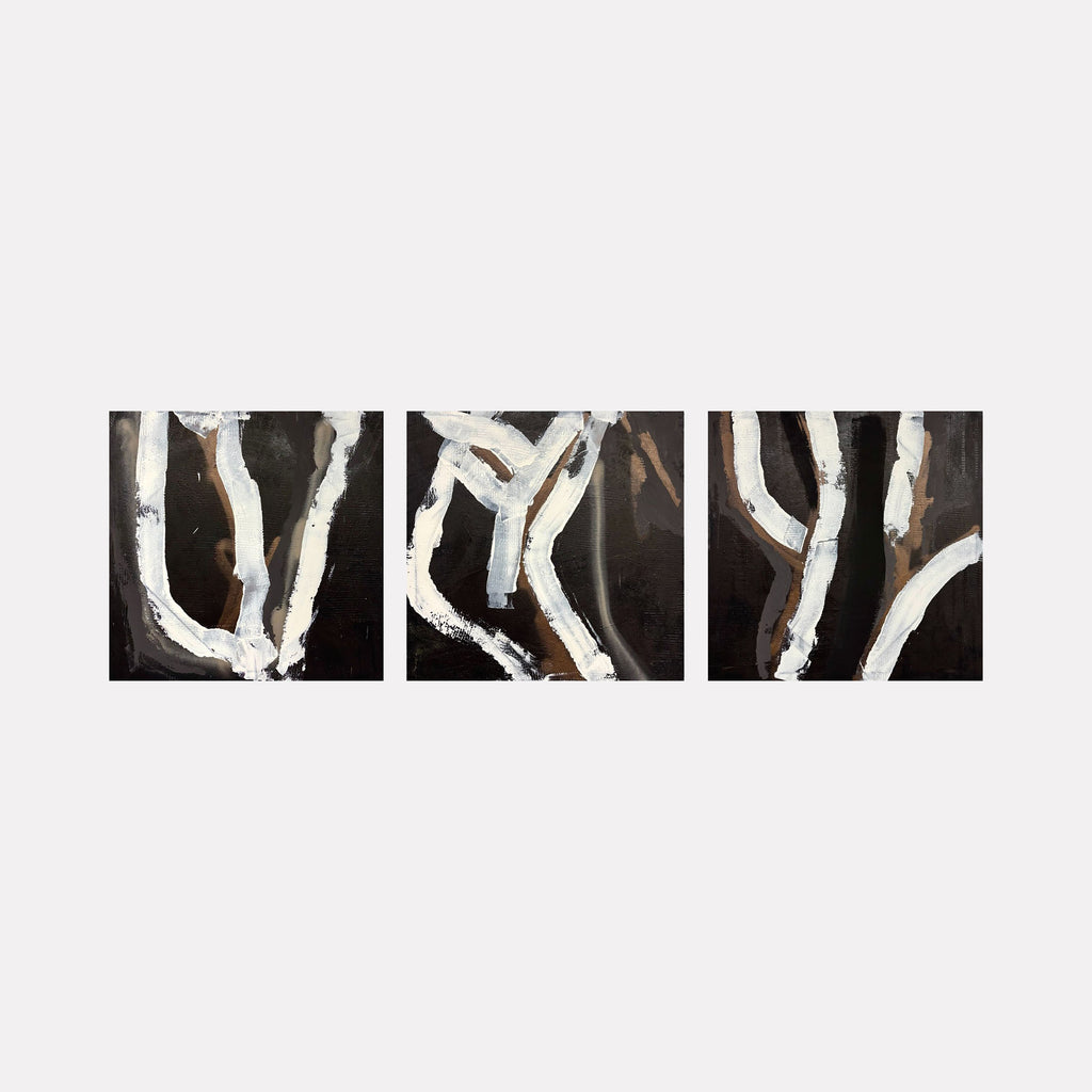 Moody Fall 12 Triptych by Albion Vu presents a triptych with flowing white brushstrokes on a dark, textured background, combining organic shapes and subtle earth tones for a contemplative abstract art piece within the Curina collection.