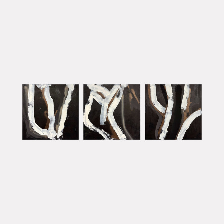 Moody Fall 12 Triptych by Albion Vu presents a triptych with flowing white brushstrokes on a dark, textured background, combining organic shapes and subtle earth tones for a contemplative abstract art piece within the Curina collection.