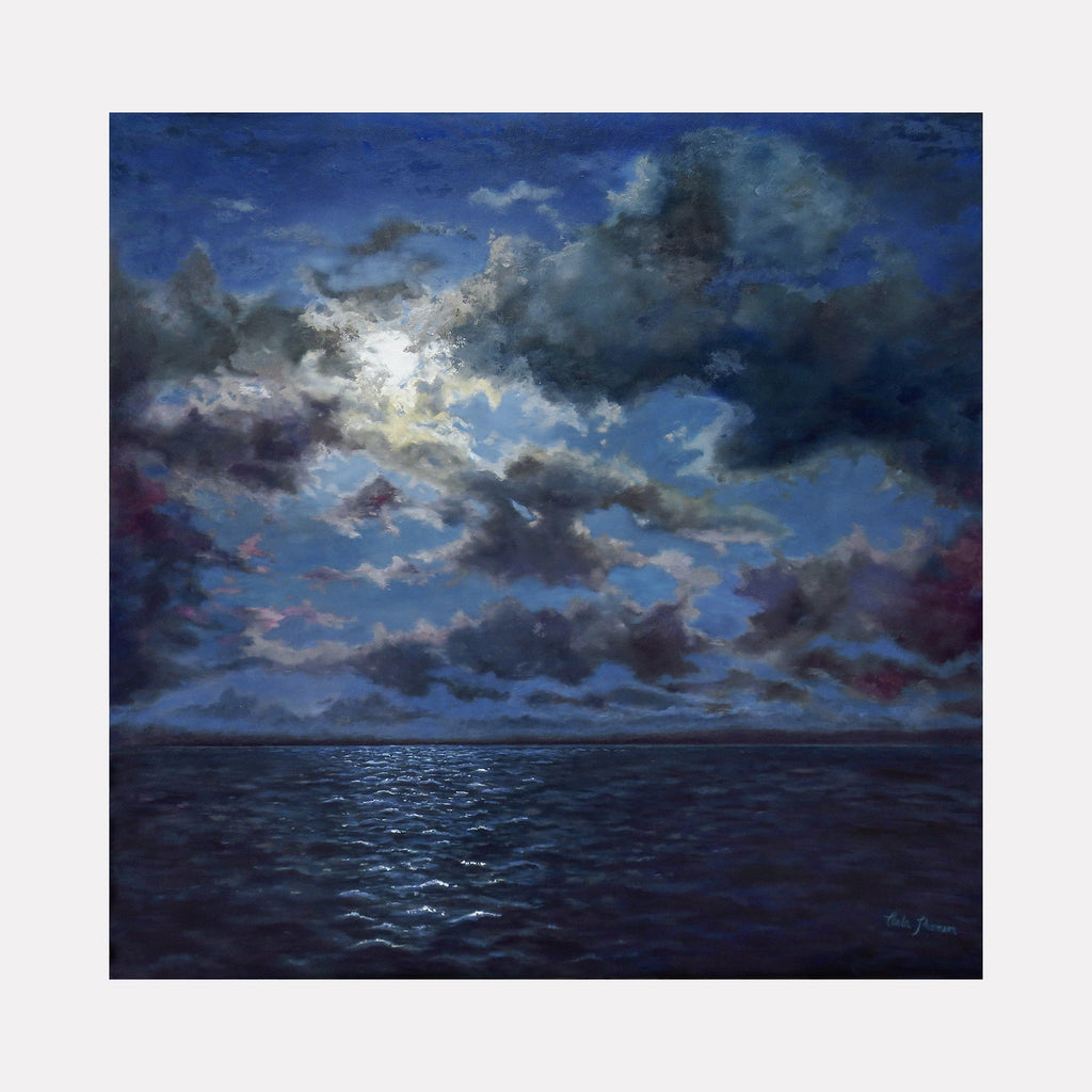 The artwork "Moon Over Water" by Carla Thomson depicts a dramatic night seascape with a luminous moon partially hidden behind swirling, textured clouds. The reflective water captures shimmering light in rich blues and deep purples, evoking the atmospheric styles of J.M.W. Turner and the moody realism of Ivan Aivazovsky.