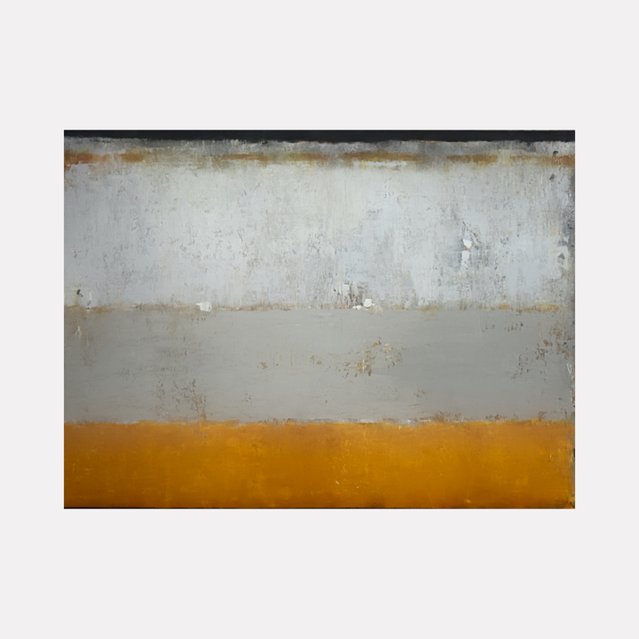 Moon Dust by Diane Lounsberry-Williams features an abstract composition with broad horizontal bands of weathered white, soft gray, and deep ochre. The textured layering and subtle distressed details evoke a calm, atmospheric mood through its minimalist interplay of muted earth tones and rough surfaces.