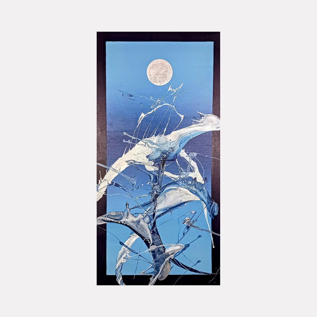 The artwork 'Moonlit Tides' by Nicholas Franklin features dynamic abstract forms in shades of white and silver against a deep blue background. A luminous full moon hovers above, casting ethereal light on flowing, wave-like shapes that suggest oceanic movement. The composition uses bold brushstrokes and fluid lines to create a sense of aquatic motion, painted in acrylic on canvas by Nicholas Franklin.