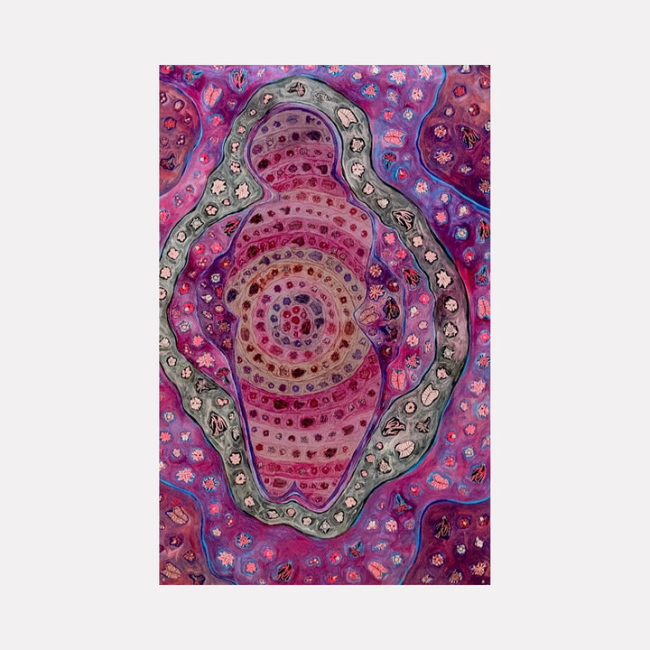 The artwork "More Than A Venus" features an abstract, organic shape resembling a stylized figure surrounded by concentric patterns and textured dots in shades of purple, pink, and gray. It has a layered, almost cellular appearance with delicate floral-like motifs embedded in the gray border. By Laurie Shapiro.