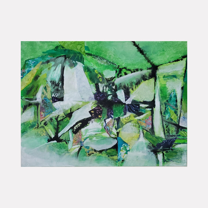 The artwork "Morgan's Hill" features an abstract composition dominated by shades of green with accents of white, blue, and purple, displaying layered textures and fragmented shapes that suggest a natural landscape with geometric patterns. The painting combines fluid brushstrokes and sharp lines for a dynamic visual effect. By James Ehling.