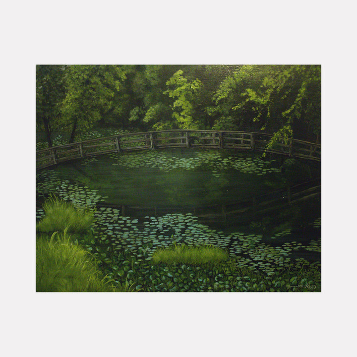 Solace at Morgan's Creek: Serene pond with wooden bridge, lily pads on dark water, lush green foliage by Lynnette Horn