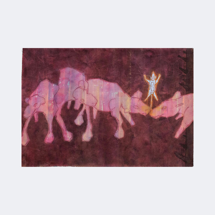The artwork "Mornings in the Rock Garden" by Patrick Bower features abstract shapes resembling three large pinkish elephants on a dark maroon background. A luminous human-like figure in white and yellow stands amid the animals, evoking surrealism reminiscent of Joan Miró’s or Paul Klee’s ethereal compositions, with soft textures and fluid lines blending reality and fantasy.