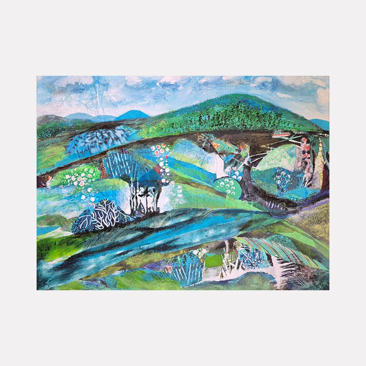 The artwork "Mount Monadnock" by James Ehling features an abstract landscape with layered hills in varying shades of blue and green, accented by textured brushstrokes and organic shapes. The composition combines fluid, impressionistic forms with subtle geometric patterns, evoking the atmospheric depth of early 20th-century modernists like Paul Cézanne and the vibrant landscapes of Georgia O’Keeffe.