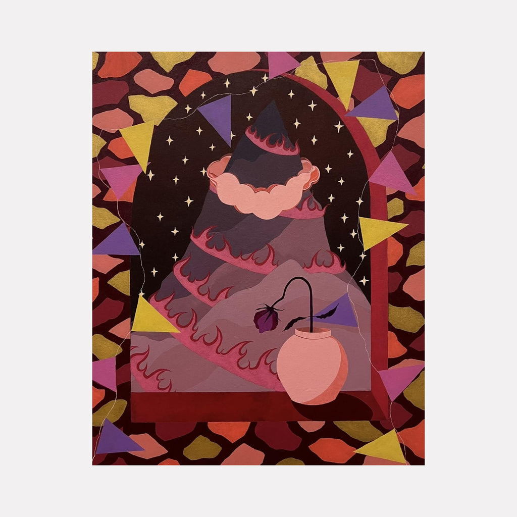 The artwork "Mountain Climber" features a stylized mountain with dark purples, reds, and pinks accented by flame-like patterns, set against a starry night sky viewed through an arched window. Surrounding the window are geometric shapes in warm tones of red, orange, yellow, and purple, with a pink vase holding a drooping flower in the foreground. Tyler Sorgman