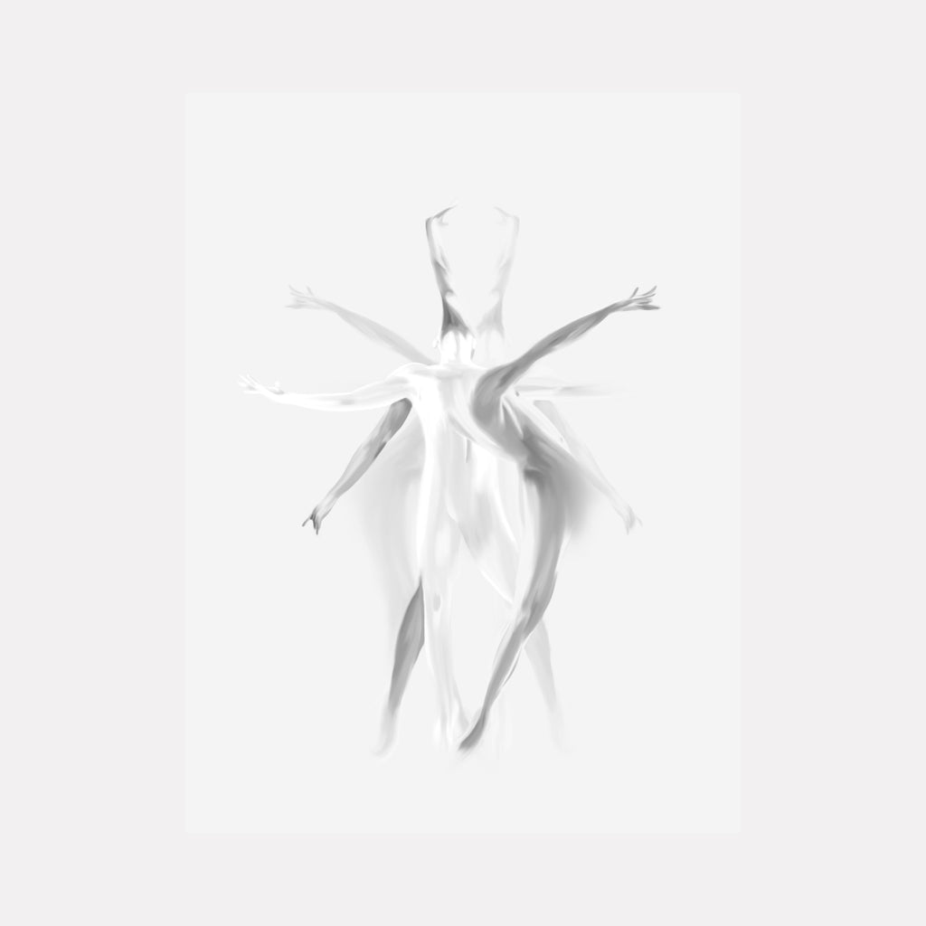 Movements That Remain Static by Maria Sanchez captures ethereal, overlapping human forms in soft grayscale, blending motion and stillness to create a delicate, abstract representation of movement and grace in contemporary art.