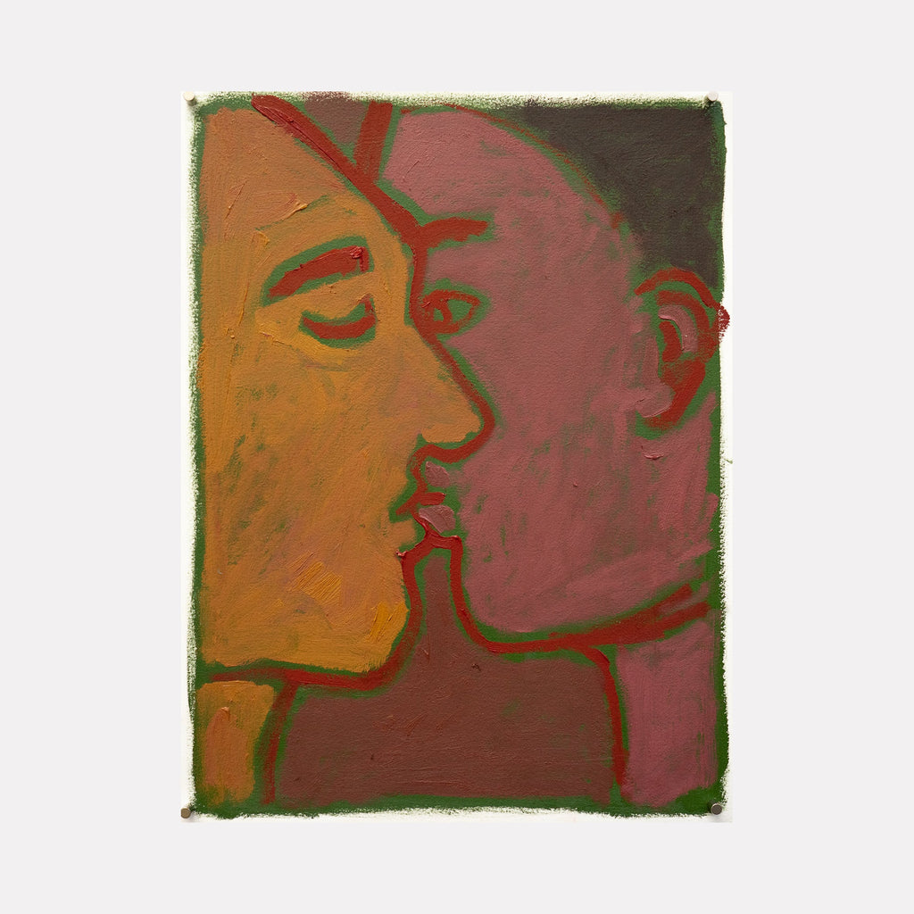 The artwork "movie kiss II" by Chelsie Sunde features two stylized faces in profile about to kiss, rendered in bold, earthy tones of deep red, orange, and green. The textured brushstrokes and abstract, minimalistic shapes create an intimate, expressive atmosphere. The piece emphasizes emotional connection through simple yet evocative form. Chelsie Sunde.