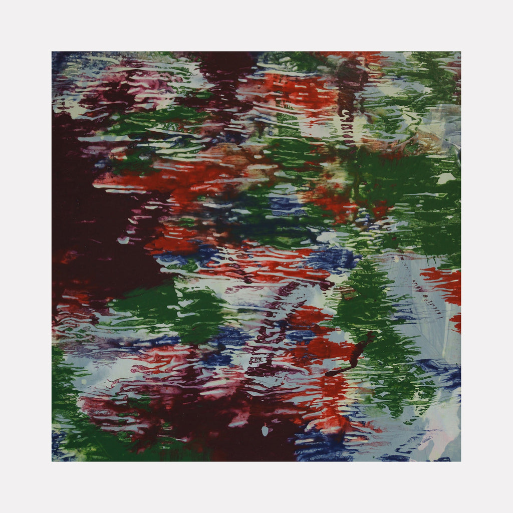 The artwork "Puddle Below the Window" features an abstract composition of vibrant red, green, blue, and burgundy brushstrokes with textured, layered patterns resembling reflections on water. Fluid, rippled forms create a sense of movement and depth, evoking a natural scene. Created by Marlene Struss.