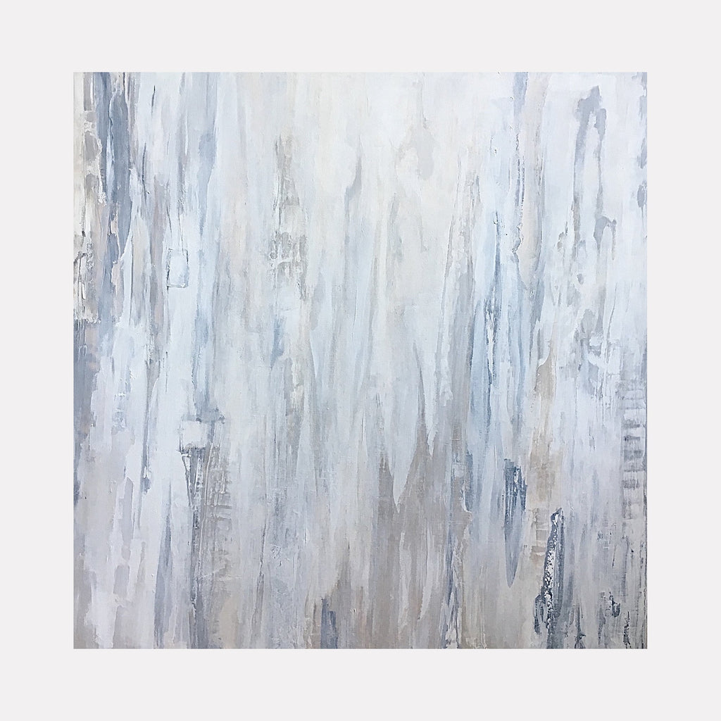 The artwork "Muted Reflections" by Benna Holden features an abstract composition with soft vertical strokes and layered textures in a muted palette of whites, grays, and pale blues. The style echoes the atmospheric qualities of Mark Rothko and the textured surfaces reminiscent of Gerhard Richter’s abstract works.