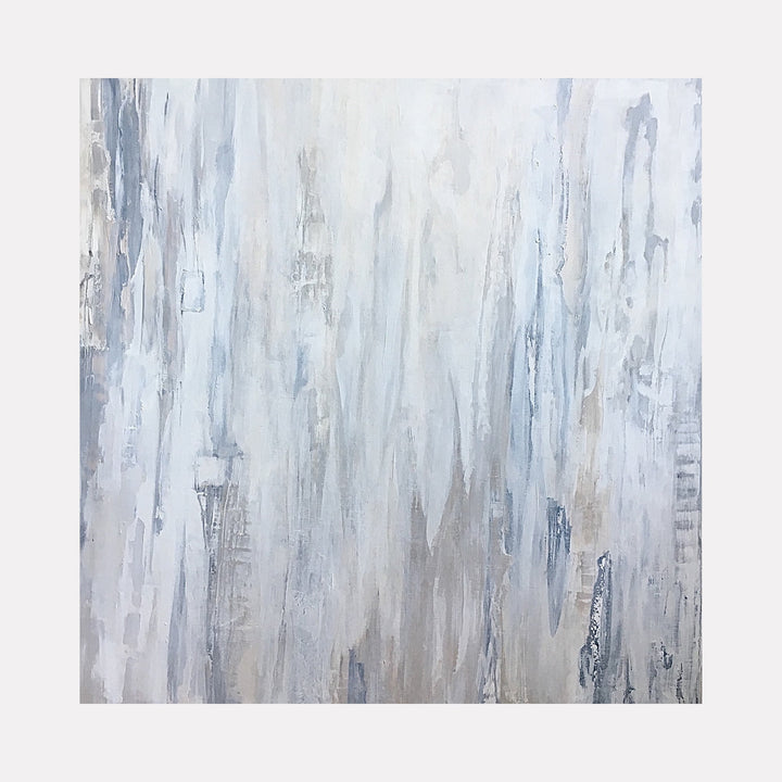 The artwork "Muted Reflections" by Benna Holden features an abstract composition with soft vertical strokes and layered textures in a muted palette of whites, grays, and pale blues. The style echoes the atmospheric qualities of Mark Rothko and the textured surfaces reminiscent of Gerhard Richter’s abstract works.