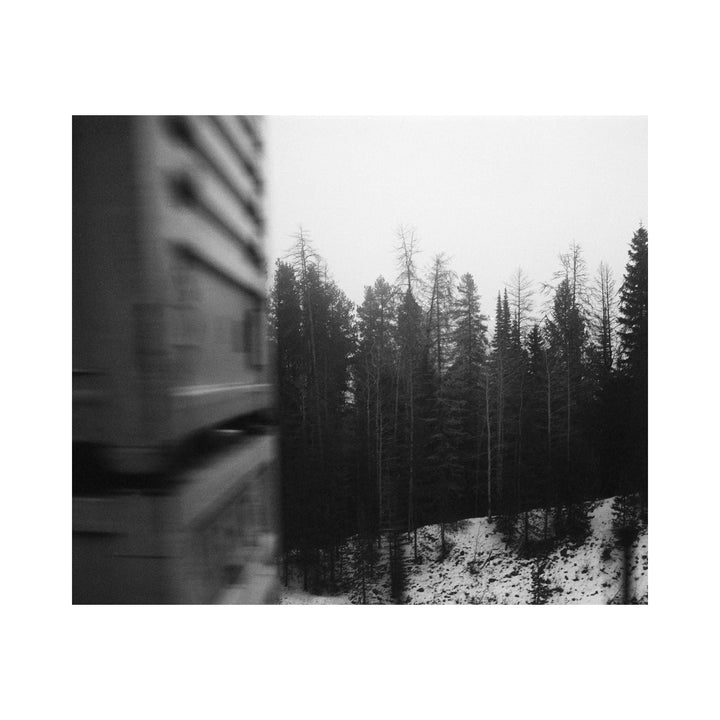 The artwork "My Love" by Kelly McGovern depicts a black and white photograph featuring a blurred train on the left and a dense forest of tall, leafless trees on the right with a snowy ground. The image combines motion and stillness with high contrast textures and a minimalist, moody atmosphere. Kelly McGovern.