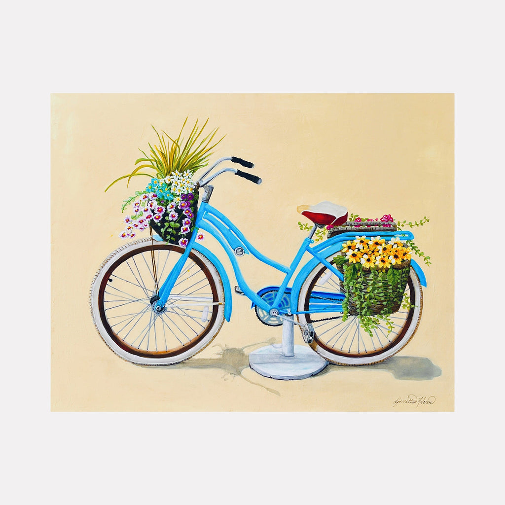Journey to Joy by Lynnette Horn features a vintage blue bicycle adorned with vibrant floral baskets against a warm beige background, painted in acrylics