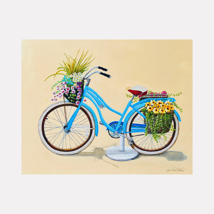 Journey to Joy by Lynnette Horn features a vintage blue bicycle adorned with vibrant floral baskets against a warm beige background, painted in acrylics