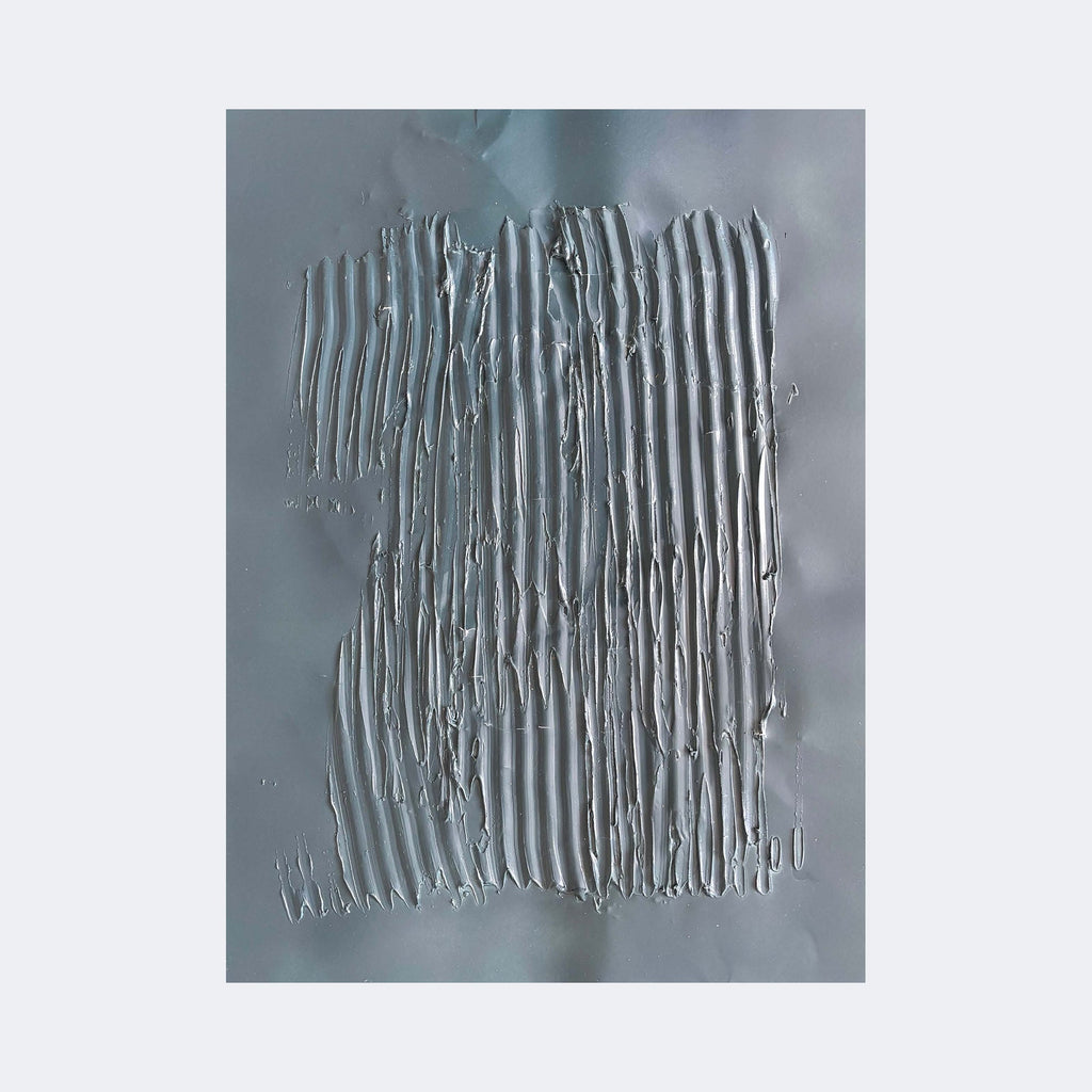 The artwork "Nuances of Depth 8" by Albion Vu features a textured abstract composition with vertical ridges and grooves rendered in shades of muted gray and silver. The tactile surface and minimalist approach evoke influences from artists like Lucio Fontana and Alberto Burri, emphasizing materiality and depth through layered, sculptural paint effects.