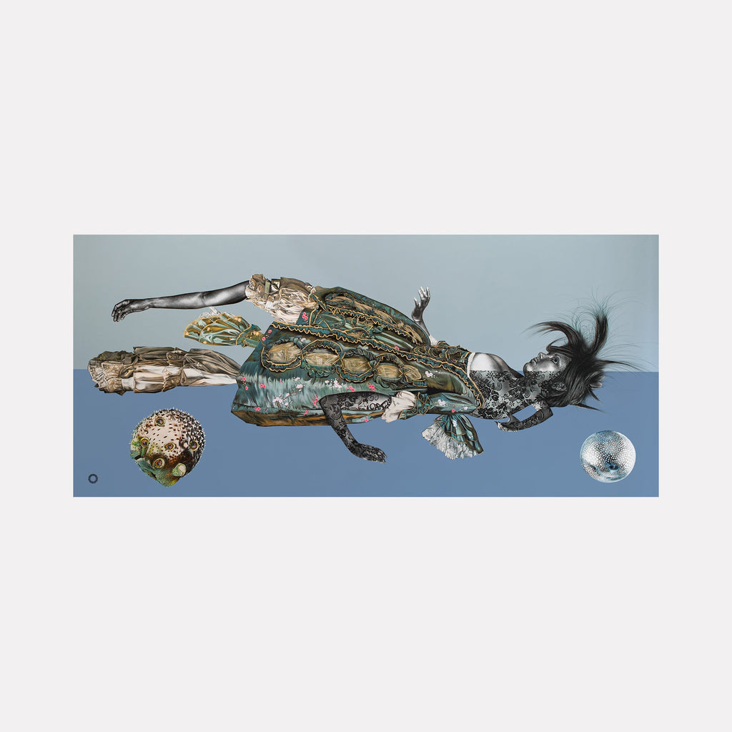 The artwork "NINGYO III" by Lisyanet Rodriguez features an abstract composition of a hybrid figure blending aquatic and human elements in muted greens, blues, and earth tones. Textured patterns and intricate details evoke a surreal, dreamlike quality reminiscent of Max Ernstâ€™s collage work and the biomorphic forms of Jean Arp.