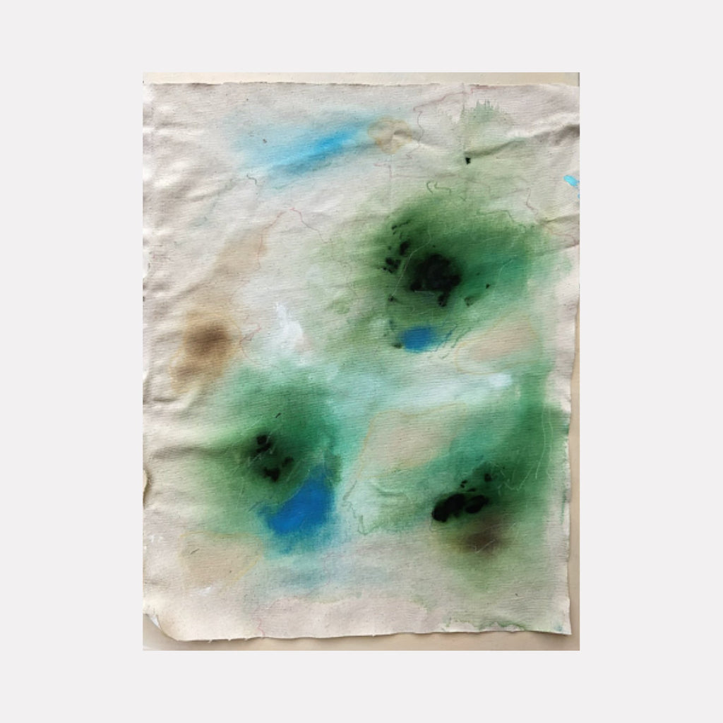 The artwork "Noelle" by Adele Marchant features soft, abstract shapes in shades of green, blue, and brown on a textured, off-white background. The fluid blending and organic forms evoke the styles of Helen Frankenthaler and Wassily Kandinsky, with a gentle yet dynamic composition that emphasizes natural, flowing movement and subtle color transitions.