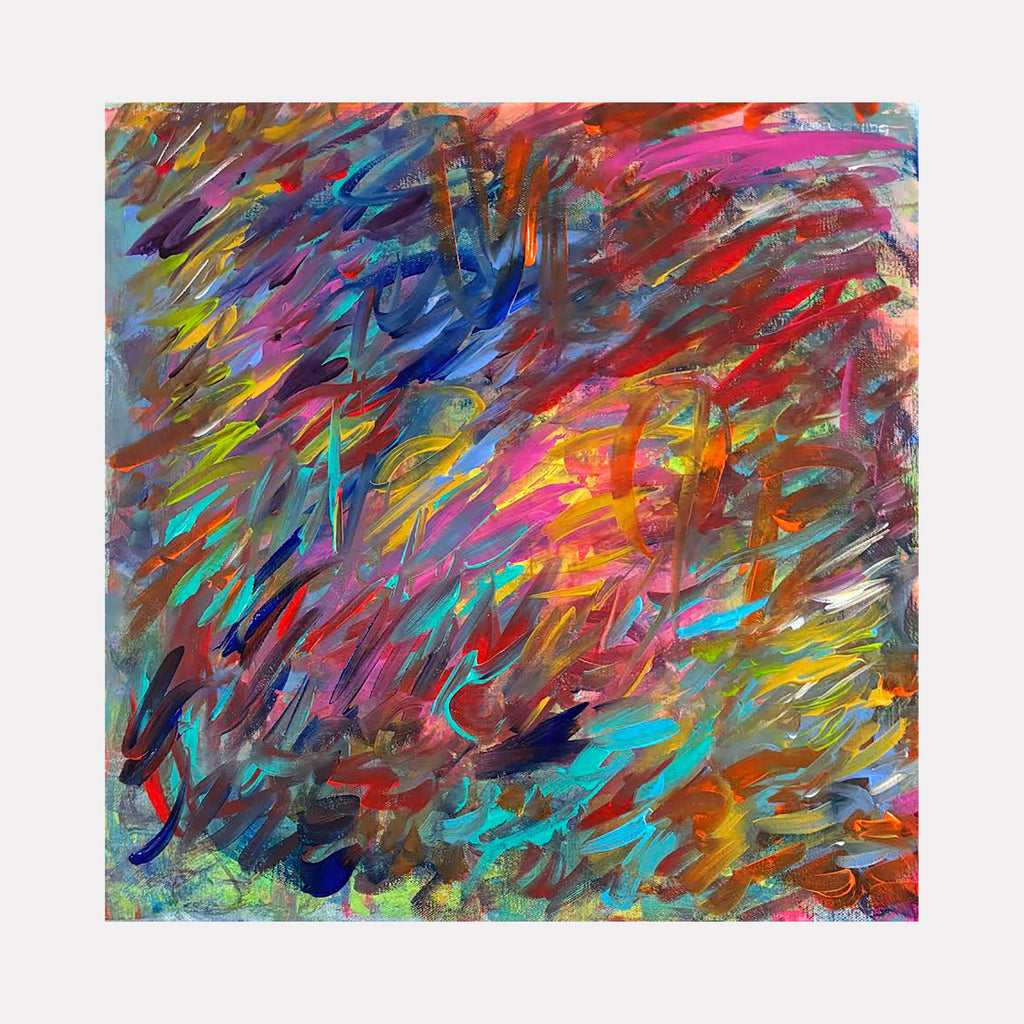 The artwork "NO TIME TO STAND" by Gail Sarasohn features an energetic abstract composition with dynamic brushstrokes in vibrant hues of red, blue, pink, yellow, and orange. The layered texture and fluid motion evoke the expressive style of artists like Joan Mitchell and Willem de Kooning, creating a vivid sense of urgency and movement.