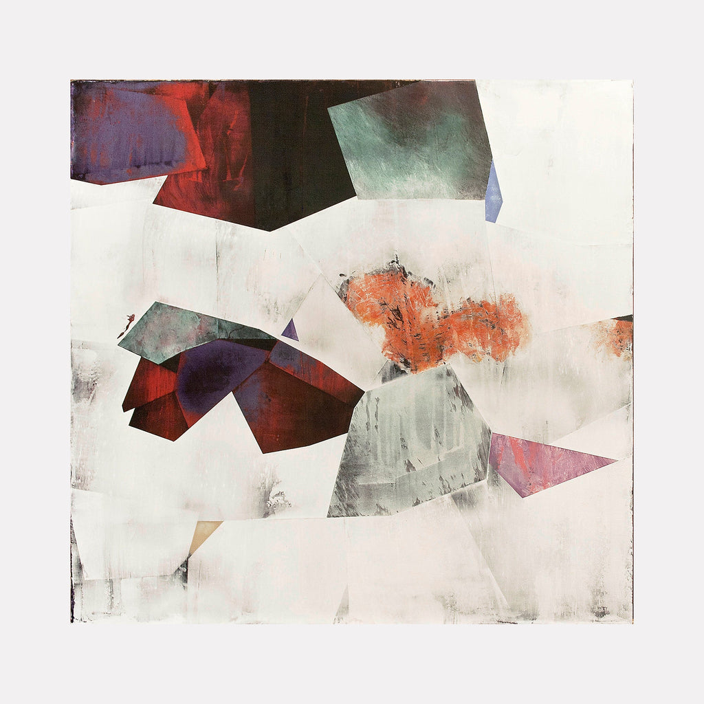 The artwork 'NP V' by Ken Schiano features abstract geometric shapes floating on a white background. Deep burgundy and jade green angular forms create dynamic movement, complemented by touches of coral orange and muted purple. The dry pigment and cold wax technique creates a textural, atmospheric quality with soft edges and subtle color transitions. By Ken Schiano.