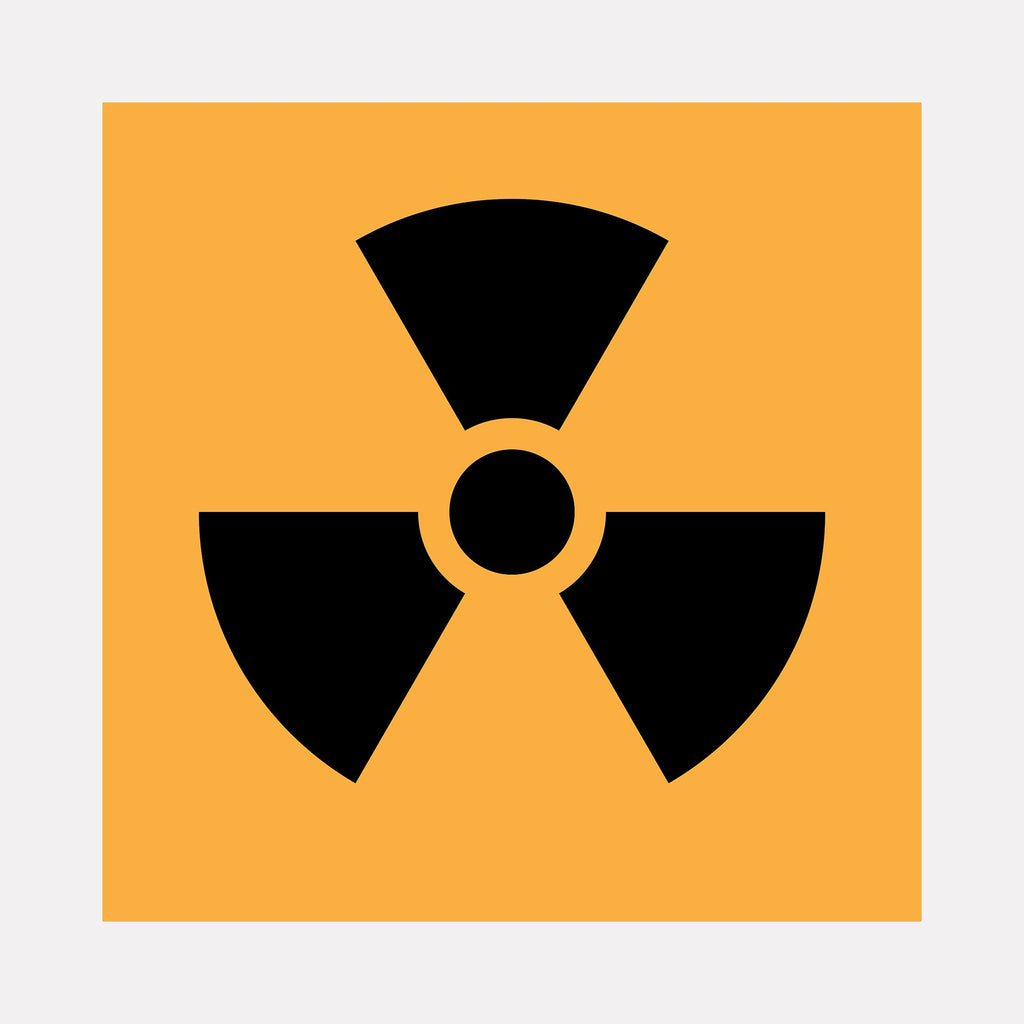 The artwork "NUKE" by Harold Herb features a bold black radiation symbol set against a vivid orange background. This large-scale mixed media piece uses stark geometric shapes and contrasting colors, reflecting graphic minimalism and drawing inspiration from modernist design and the iconic symbolism seen in pop art and industrial signage.