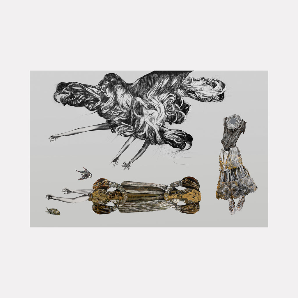 The artwork "NUMB KINGDOM" by Lisyanet Rodriguez features an abstract composition of distorted, flowing fabric forms and fragmented mannequin-like figures in textured brown and black tones set against a pale gray background. The dynamic, surreal arrangement evokes the intricate surrealism of Francis Bacon and the fluidity found in Egon Schiele’s expressive figuration.