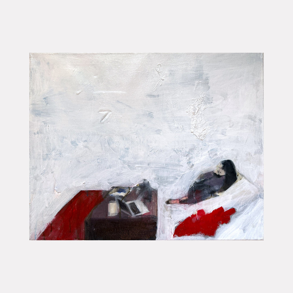 The artwork "Nails" by Chris Baily features a minimalist interior scene with a reclining figure on a bed, rendered in muted whites and grays contrasted by bold red accents on the bedspread and rug. The textured brushwork and subdued palette evoke the contemplative stillness found in works by Edward Hopper and Giorgio Morandi.
