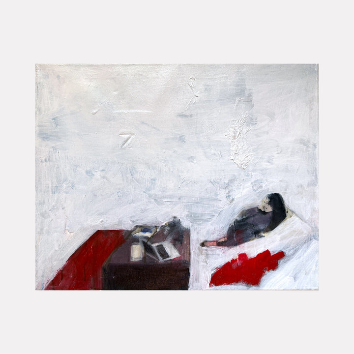 The artwork "Nails" by Chris Baily features a minimalist interior scene with a reclining figure on a bed, rendered in muted whites and grays contrasted by bold red accents on the bedspread and rug. The textured brushwork and subdued palette evoke the contemplative stillness found in works by Edward Hopper and Giorgio Morandi.