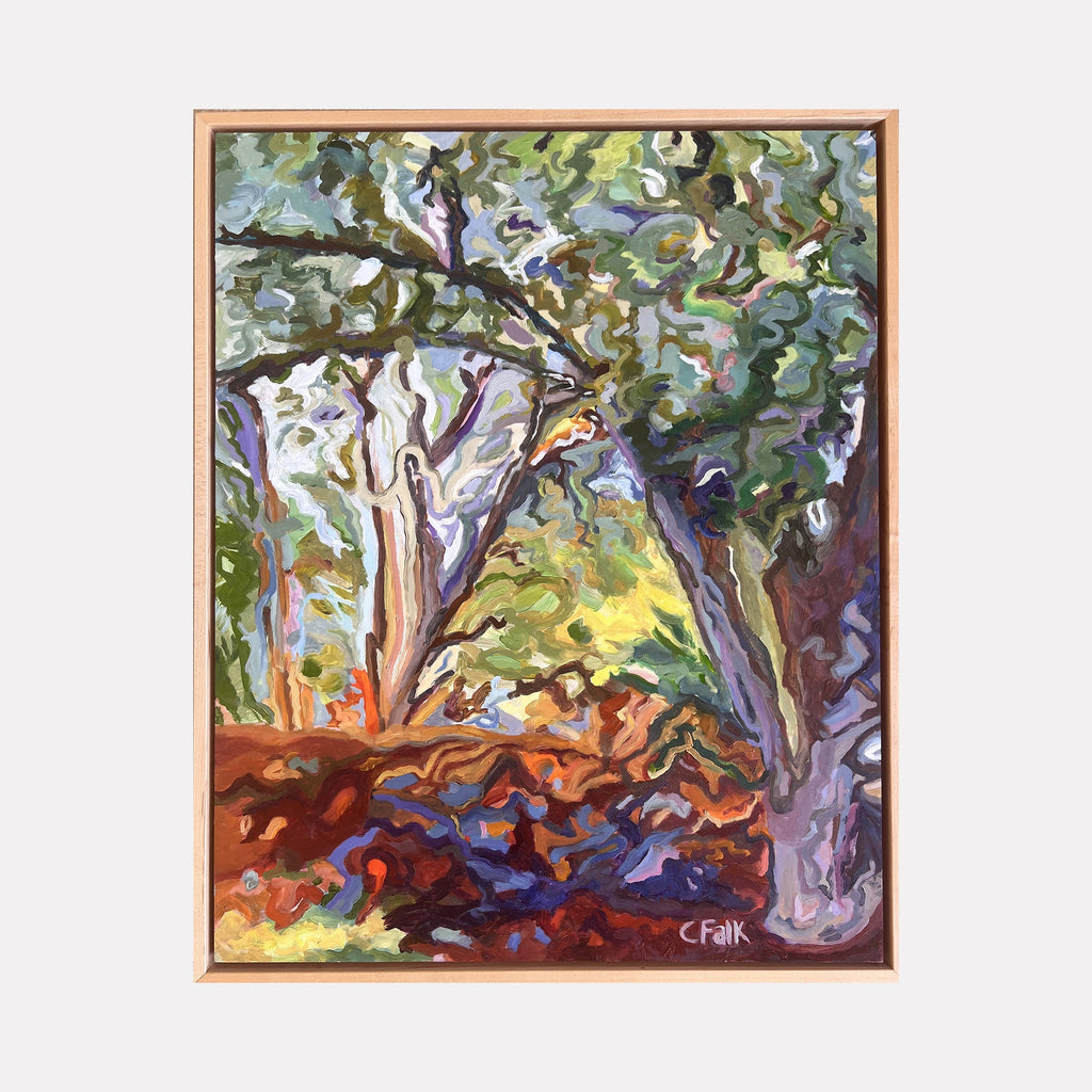 The artwork "Nancy's Garden" by Connie Falk features an impressionistic landscape with swirling, vibrant brushstrokes reminiscent of Van Gogh's style. The painting highlights lush trees with deep green and blue foliage, a lively mix of earthy browns and reds in the foreground, and textured layers that evoke movement and natural beauty.
