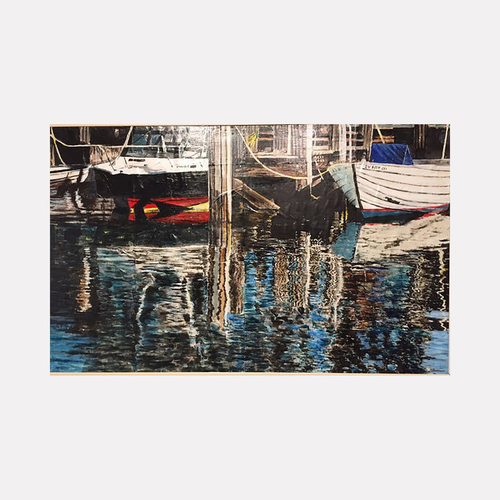 The artwork "Nantucket Boatride" by Robert Dec depicts detailed boats docked on calm waters with reflections creating an impressionistic effect reminiscent of Claude Monet’s water scenes. The piece uses rich blues, whites, and subtle reds with intricate textures highlighting wooden elements and water ripples, embodying a serene nautical atmosphere.