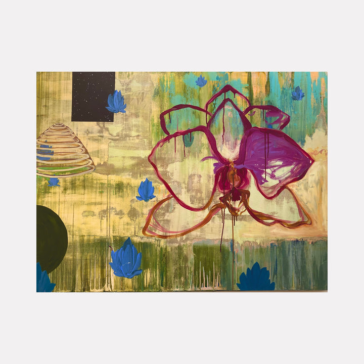 The artwork "Nature / Spiral / Orchid" by Karen Nielsen-Fried features a large, abstract orchid in bold magenta and purple outlines, set against a layered background of muted greens, golds, and blues. Textured drips and floating blue floral shapes evoke a contemplative natural landscape, reminiscent of the atmospheric abstraction seen in works by Anselm Kiefer and Mark Rothko.