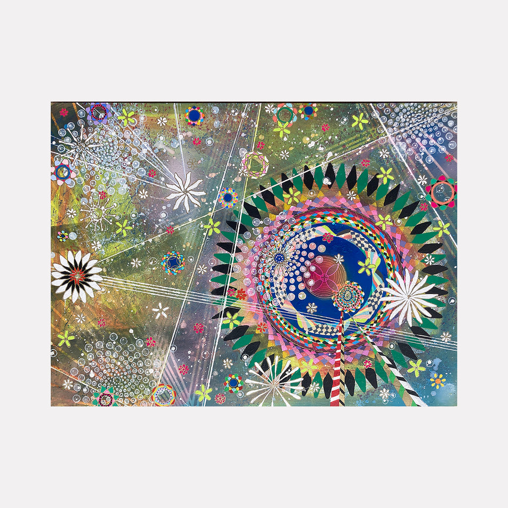 The artwork "Near and Far" by Amy Cheng features a dynamic abstract landscape with concentric circular patterns and radiating lines in vibrant greens, blues, pinks, and whites. The piece showcases intricate geometric shapes and delicate floral motifs, blending a layered, textured style reminiscent of Yayoi Kusama’s dot work and Kandinsky’s rhythmic abstraction.