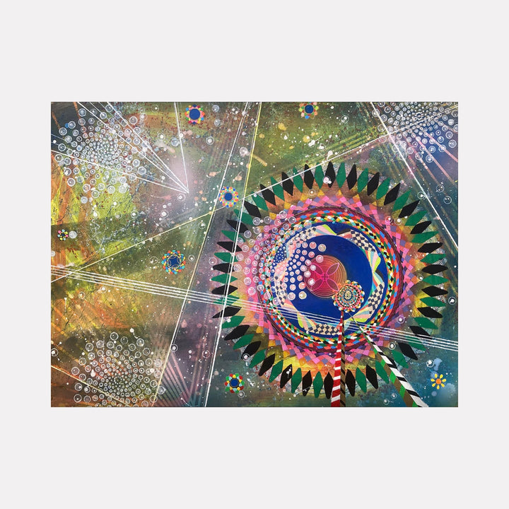 The artwork "Near and Far" features a vibrant circular design with intricate geometric patterns, concentric shapes, and a mix of bold colors including greens, pinks, blues, and yellows. White lines and dot clusters radiate throughout the textured background, creating a cosmic, abstract effect. By Amy Cheng.