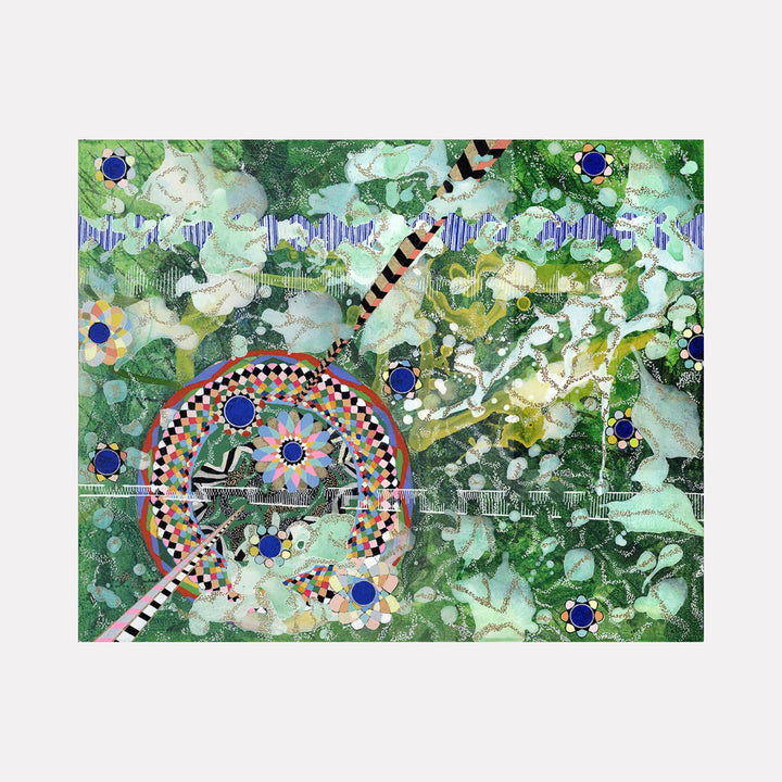 The artwork "Neither/Nor" features an intricate combination of abstract shapes and patterns with predominantly green hues and textured layers resembling foliage. Circular motifs with blue centers and multicolored geometric designs contrast against organic, fluid backgrounds. The piece blends natural and surreal elements in a vibrant composition by Amy Cheng.