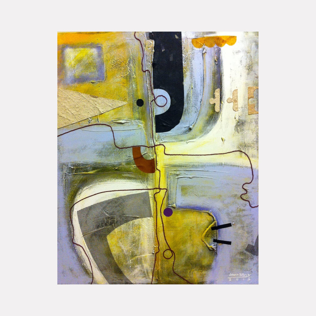 The artwork 'Neonato Series 1' by Jose Johann Bitancor features abstract geometric shapes in vibrant yellows and muted lavenders, with fluid black lines creating an interconnected composition. The mixed media piece combines textural elements with smooth surfaces, incorporating curved forms and angular intersections across a 24x30 inch canvas.