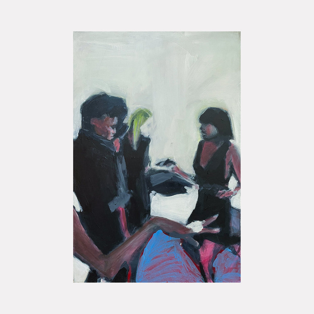 The artwork "New Years" by Chris Baily features an expressive, semi-abstract depiction of figures in a subdued palette dominated by dark blacks, muted greens, and soft flesh tones. The blurred edges and textured brushstrokes evoke an intimate, atmospheric scene reminiscent of the moody figuration in works by Marlene Dumas and the loose, emotive style of Jenny Saville.