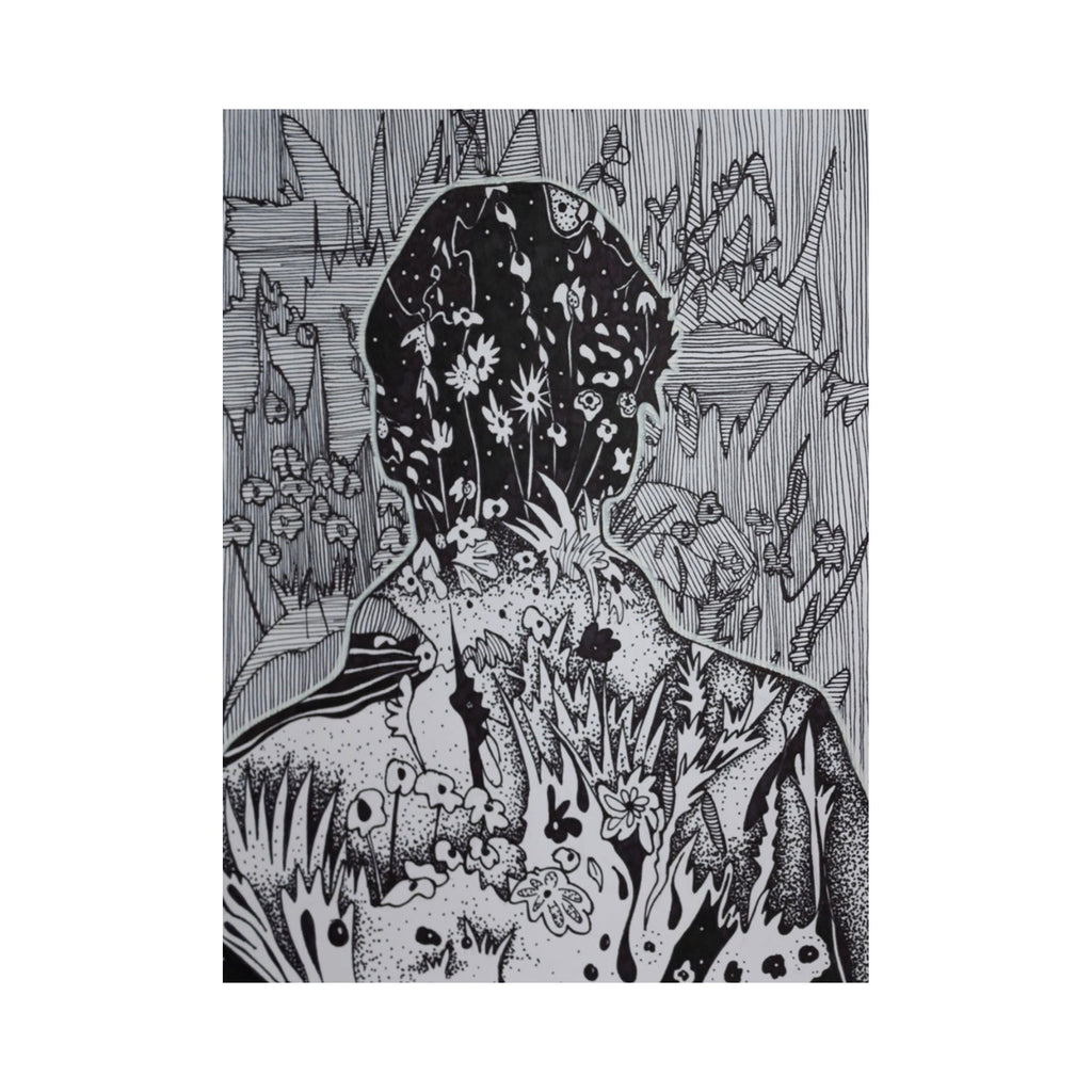The artwork "New and Familiar - Study 1" by Laurie Shapiro features a monochromatic silhouette of a person filled with intricate botanical and abstract patterns, including various flowers and organic shapes, set against a textured, striped background that adds depth and contrast to the piece. Laurie Shapiro