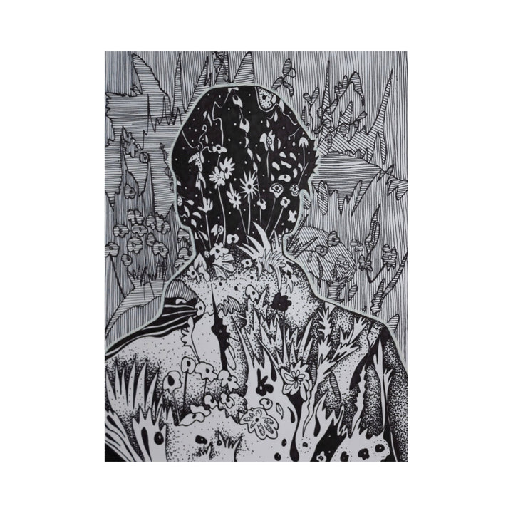 The artwork "New and Familiar - Study 1" by Laurie Shapiro features a monochromatic silhouette of a person filled with intricate botanical and abstract patterns, including various flowers and organic shapes, set against a textured, striped background that adds depth and contrast to the piece. Laurie Shapiro