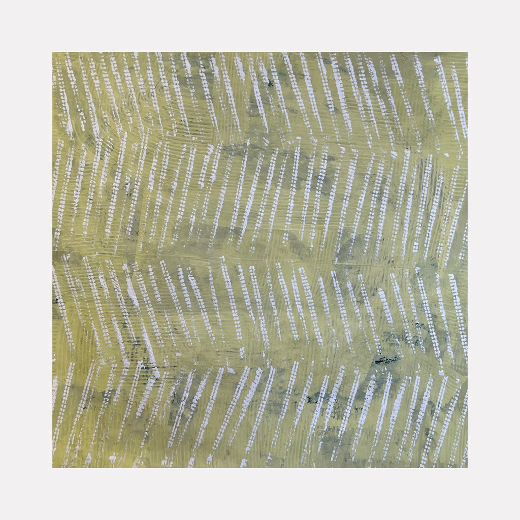 The artwork "Next Move 10" features a textured olive-green background with repetitive white linear patterns arranged in diagonal and vertical sequences, creating a rhythmic and abstract geometric design with subtle variations in tone and texture. This piece by Albion Vu showcases a minimalist, modern style.
