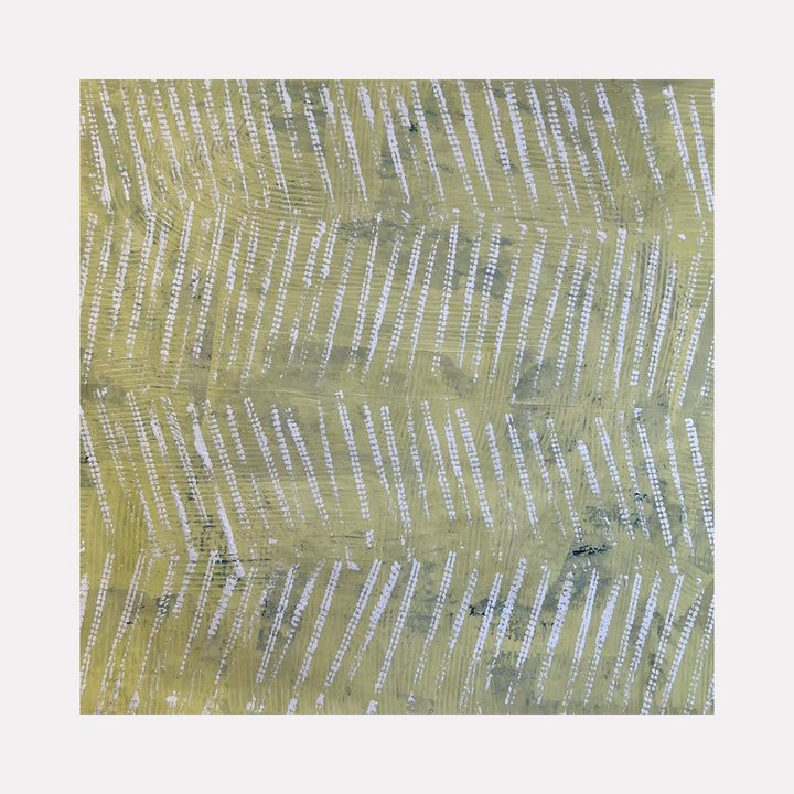 The artwork "Next Move 10" features a textured olive-green background with repetitive white linear patterns arranged in diagonal and vertical sequences, creating a rhythmic and abstract geometric design with subtle variations in tone and texture. This piece by Albion Vu showcases a minimalist, modern style.