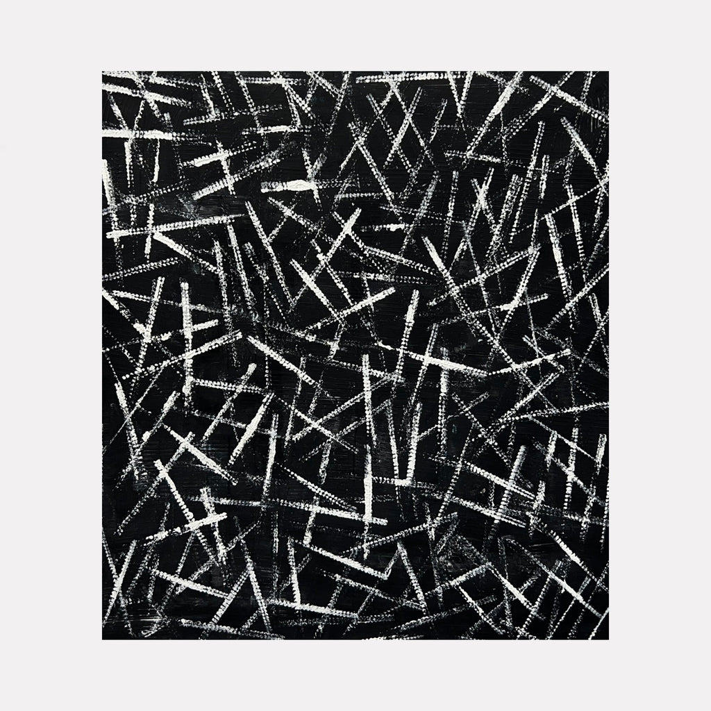 The artwork "Next Move 1" features an abstract composition of intersecting white lines and strokes on a textured black background, creating a dynamic, chaotic pattern with a sense of depth and movement. The overall style is modern and minimalist, emphasizing contrast and geometric shapes. By Albion Vu.