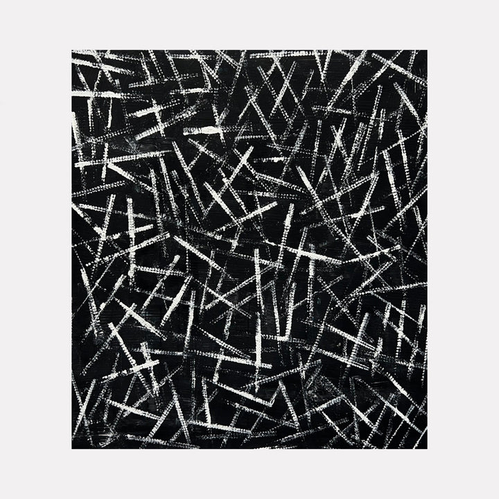 The artwork "Next Move 1" features an abstract composition of intersecting white lines and strokes on a textured black background, creating a dynamic, chaotic pattern with a sense of depth and movement. The overall style is modern and minimalist, emphasizing contrast and geometric shapes. By Albion Vu.