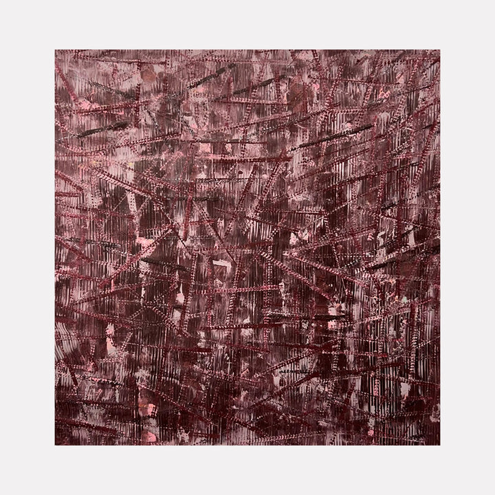 The artwork "Next Move 2" features an intricate pattern of intersecting lines and textured brushstrokes in deep reddish and maroon hues with hints of black and pink. The abstract acrylic painting on a 60 by 60-inch canvas showcases layered, linear elements creating a dynamic, textured effect. By Albion Vu.