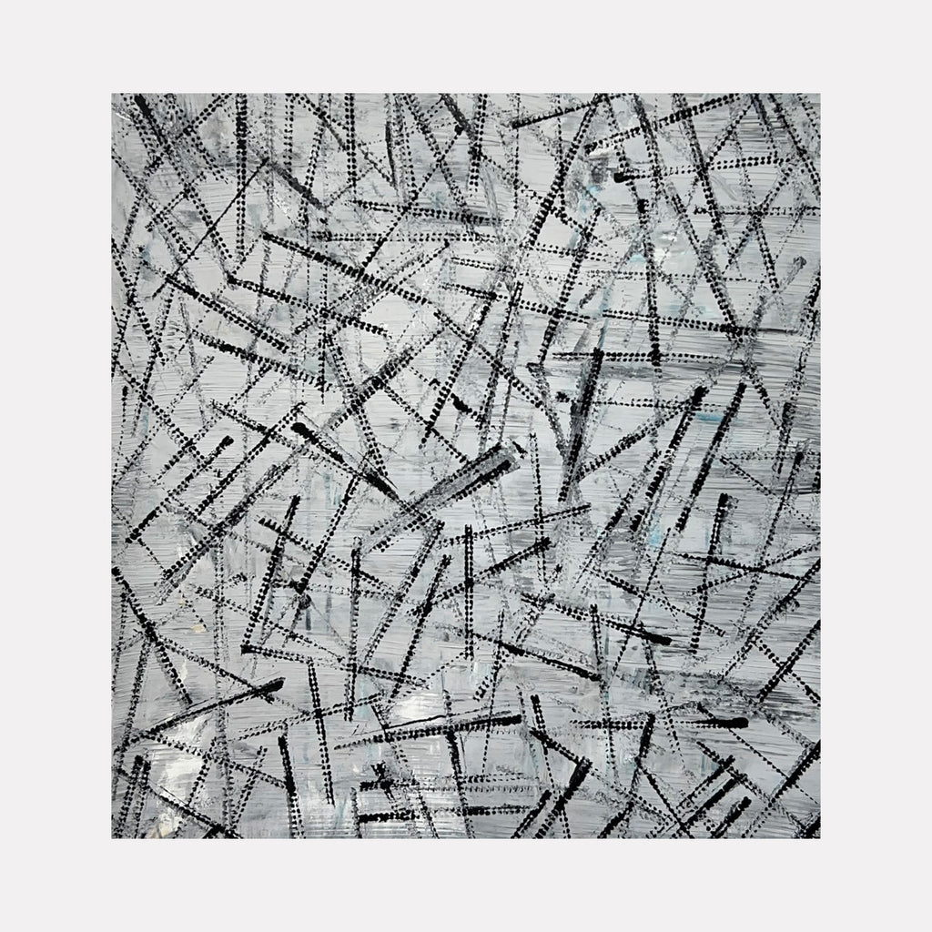 The artwork "Next Move 3" features an abstract composition of intersecting black lines and dotted patterns on a textured gray and white background, creating a dynamic, geometric visual effect with various angles and overlapping shapes. The modern, monochromatic palette emphasizes depth and movement. By Albion Vu.