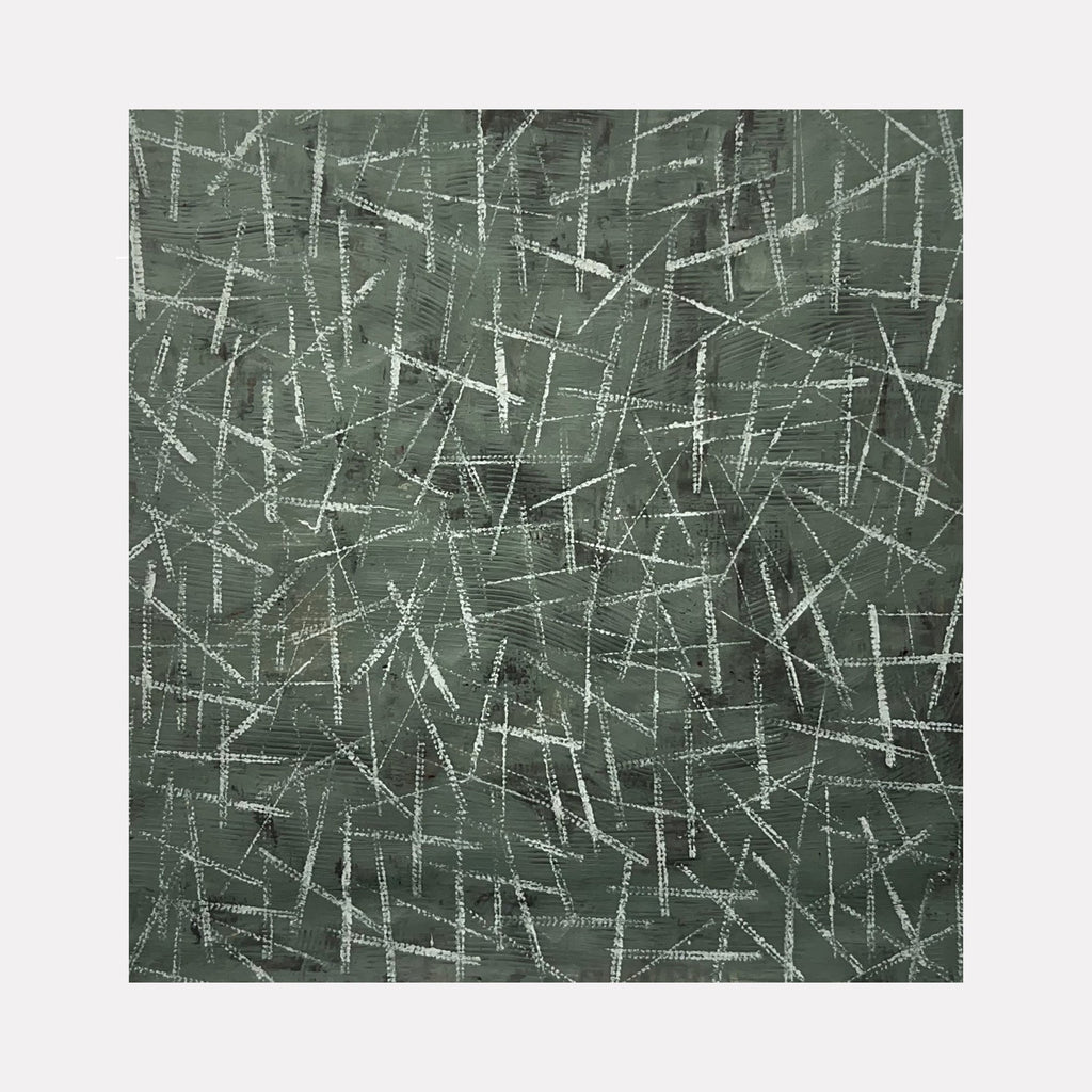 The artwork "Next Move 4" features a textured composition of intersecting white lines and dashes on a muted green acrylic canvas, creating a dynamic, abstract pattern with a layered, crosshatched effect. This 62 by 66 inch piece highlights geometric movement and depth. By Albion Vu.