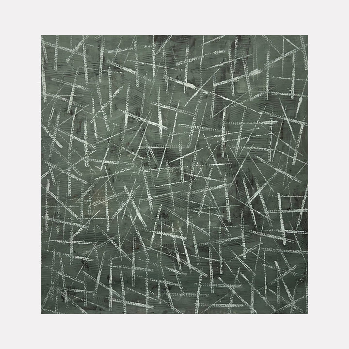 The artwork "Next Move 4" features a textured composition of intersecting white lines and dashes on a muted green acrylic canvas, creating a dynamic, abstract pattern with a layered, crosshatched effect. This 62 by 66 inch piece highlights geometric movement and depth. By Albion Vu.
