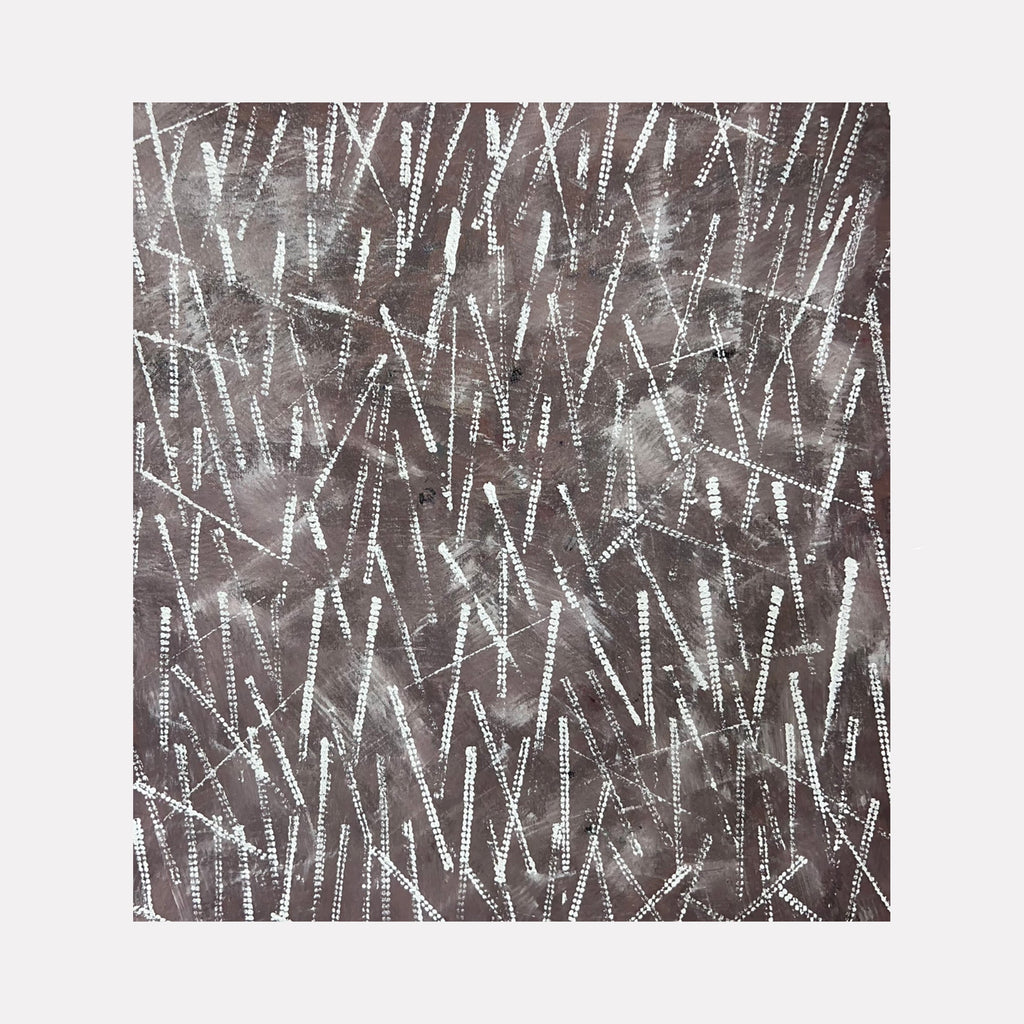 The artwork "Next Move 5" features an abstract composition with overlapping diagonal lines and zigzag patterns in white on a textured dark gray background, creating a dynamic and layered effect. The piece exhibits a modern, minimalist style with a focus on geometric shapes and subtle tonal variations. By Albion Vu.