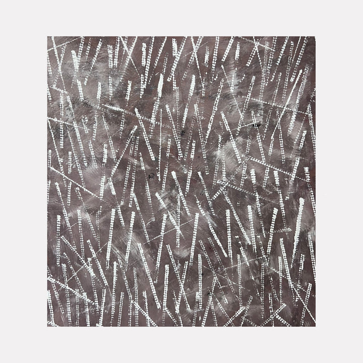 The artwork "Next Move 5" features an abstract composition with overlapping diagonal lines and zigzag patterns in white on a textured dark gray background, creating a dynamic and layered effect. The piece exhibits a modern, minimalist style with a focus on geometric shapes and subtle tonal variations. By Albion Vu.